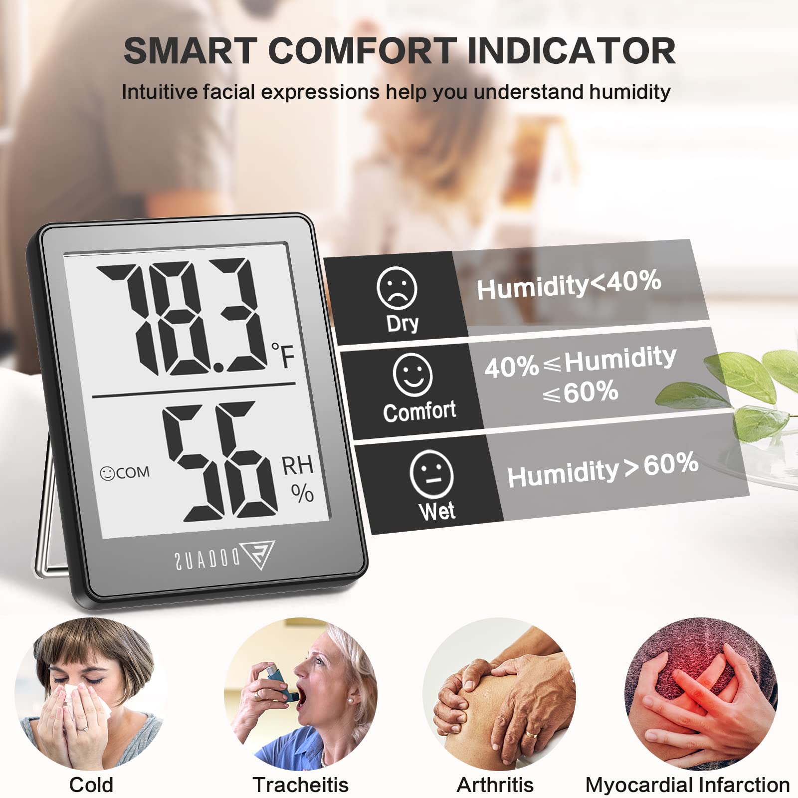 DOQAUS Digital Hygrometer with hanging hole, tabletop stand, and magnet