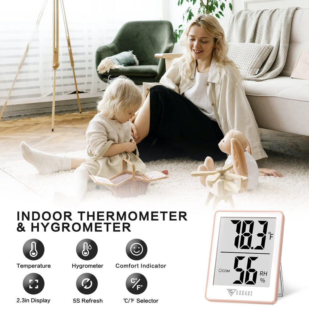 DOQAUS hygrometer displaying humidity and temperature readings