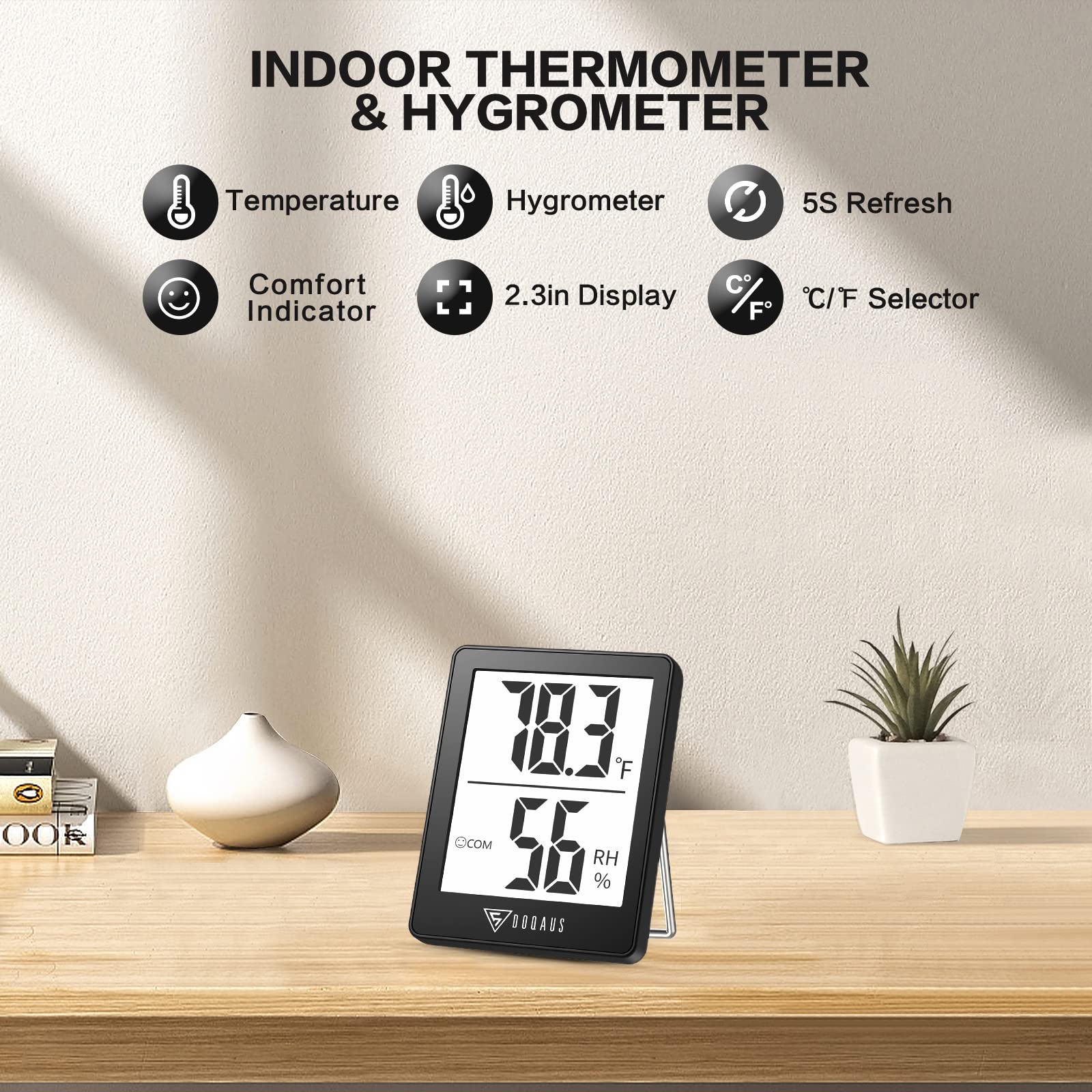 DOQAUS Indoor Thermometer Hygrometer showing clear LCD display