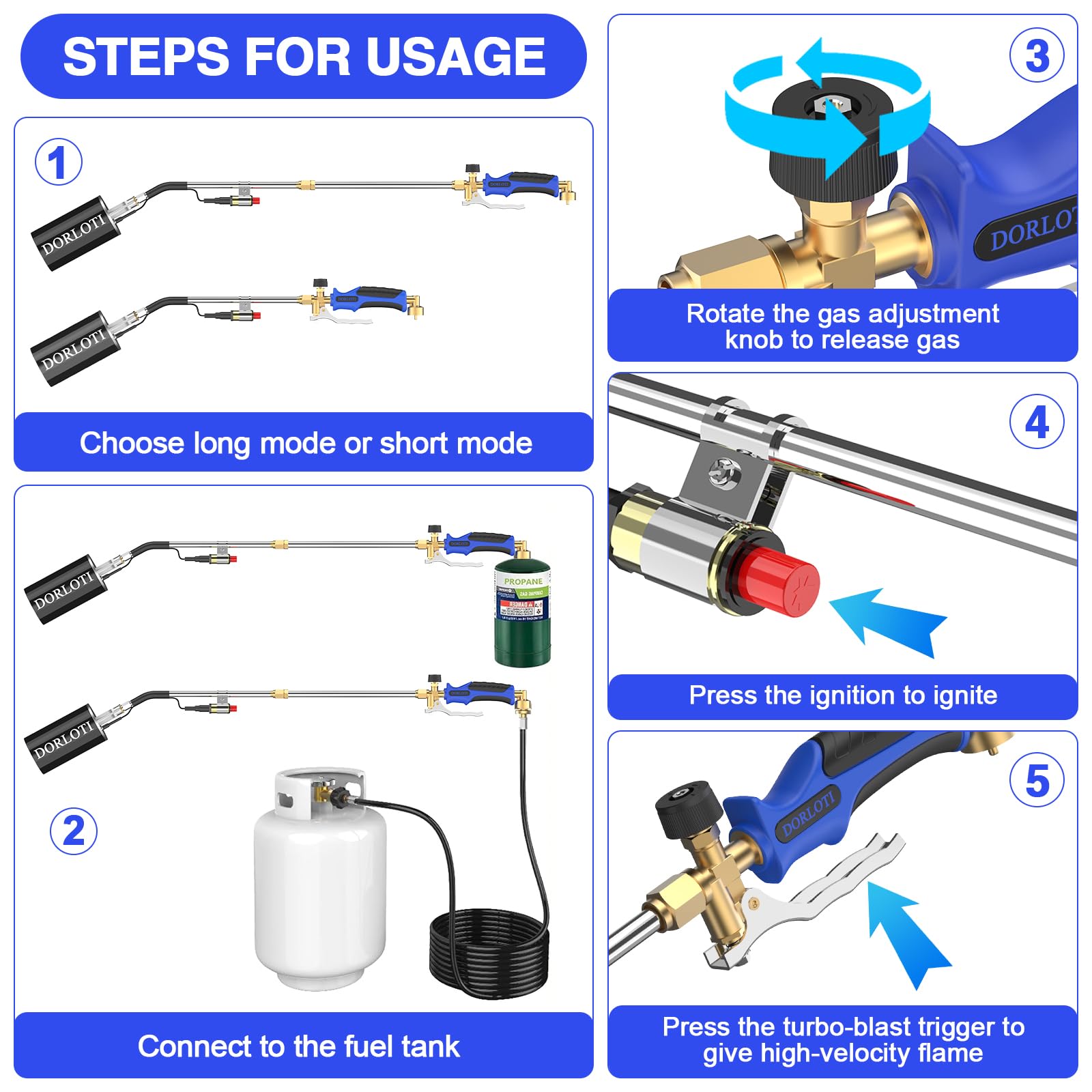 DORLOTI weed torch attached to a standard propane tank