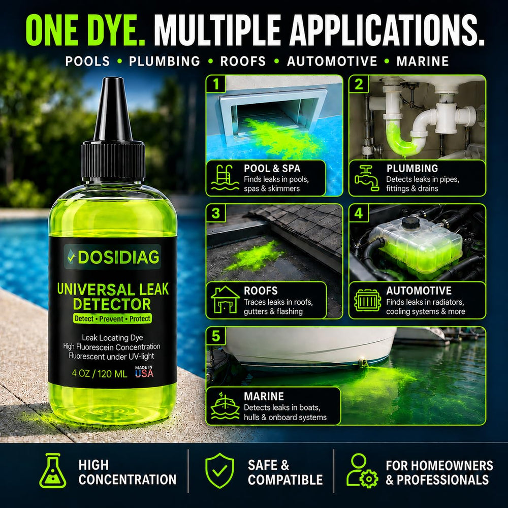 DOSIDIAG dye bottle with UV light showing fluorescent effect