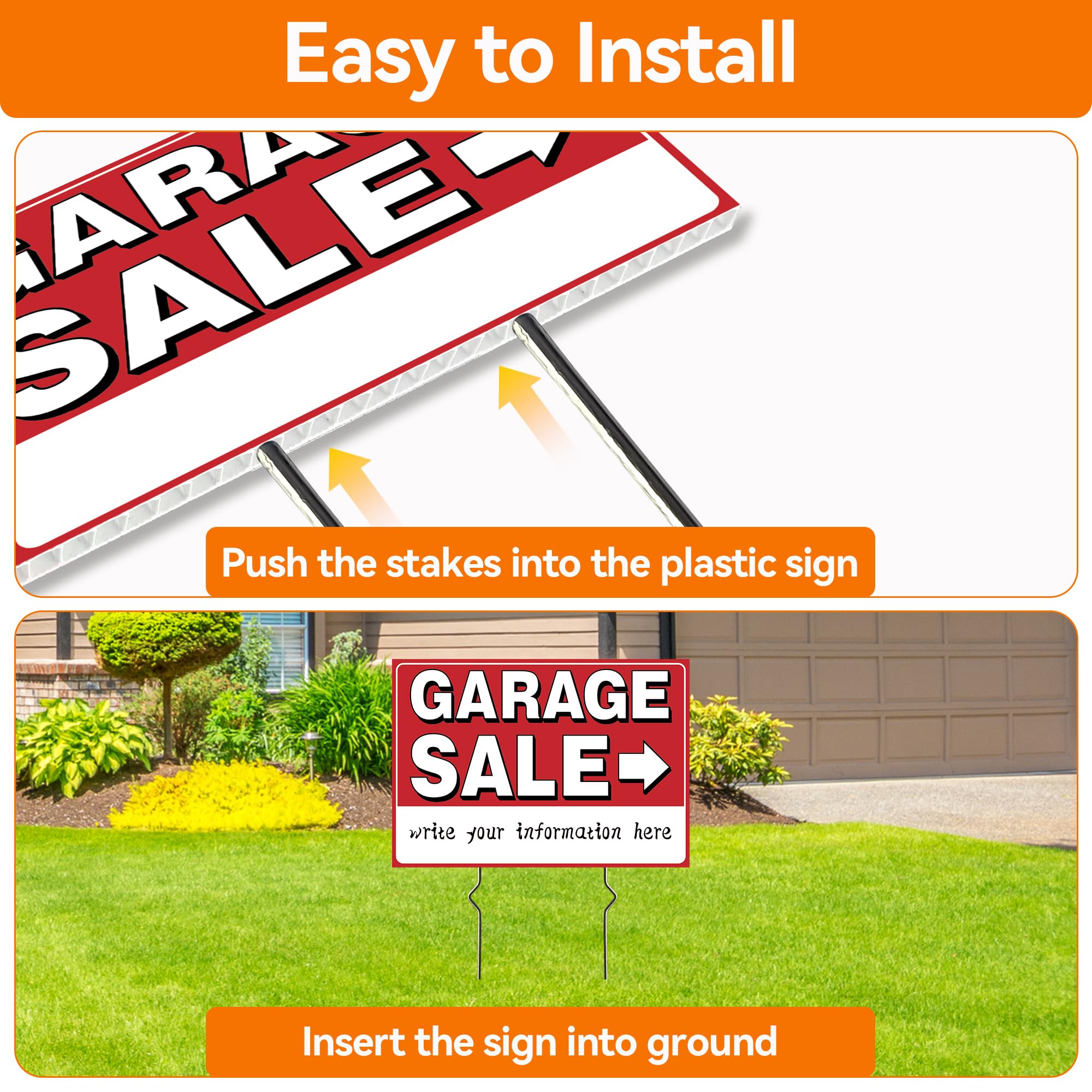 Double-sided garage sale sign showing directional arrows
