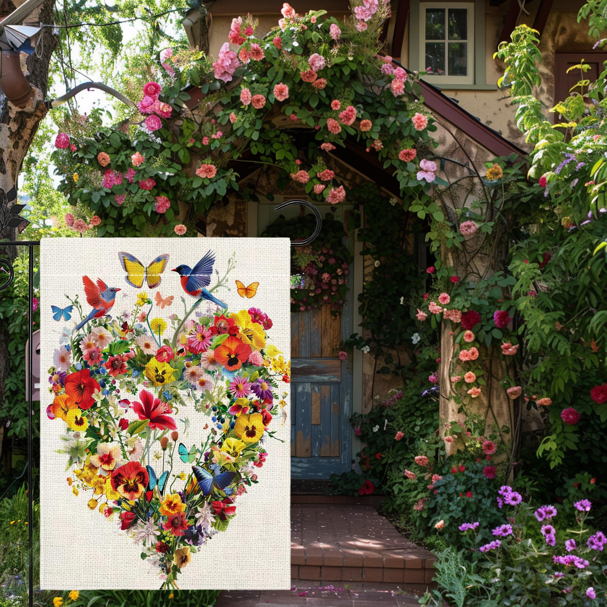 Double-sided garden flag with birds and butterflies in yellow