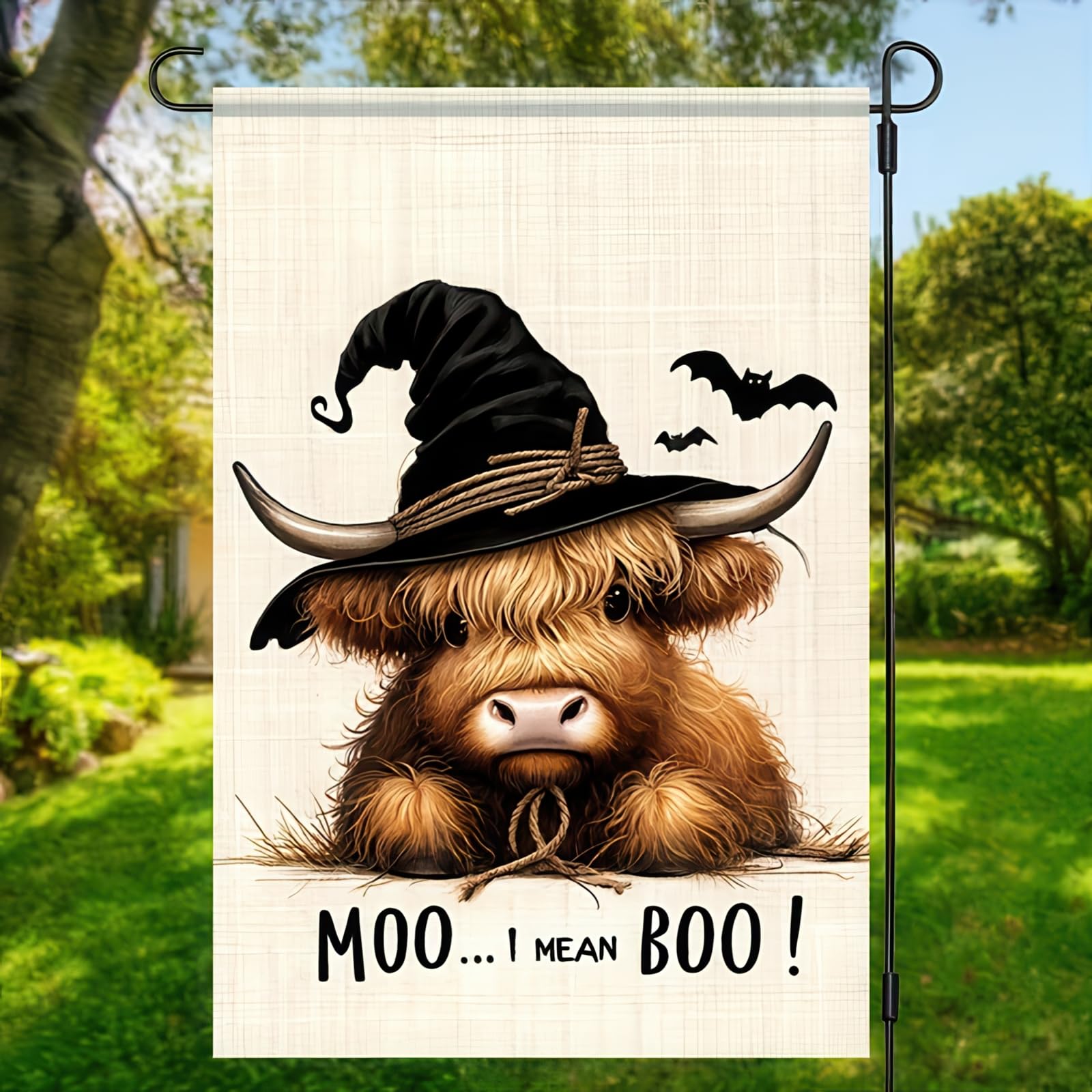 Double-sided Halloween flag showcasing the Highland Cow with witch hat