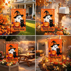 Double-sided Halloween Garden Flag with pumpkin and autumn leaves