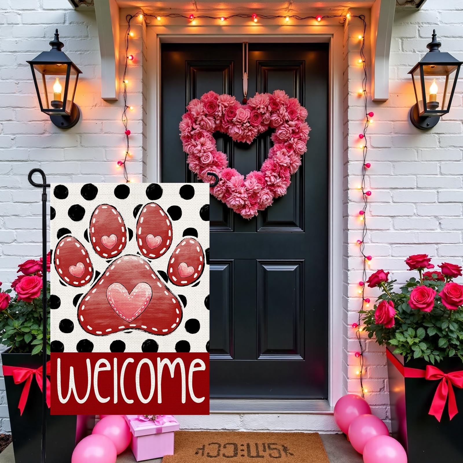 Double-sided view of Agroon Valentines Garden Flag featuring heart patterns