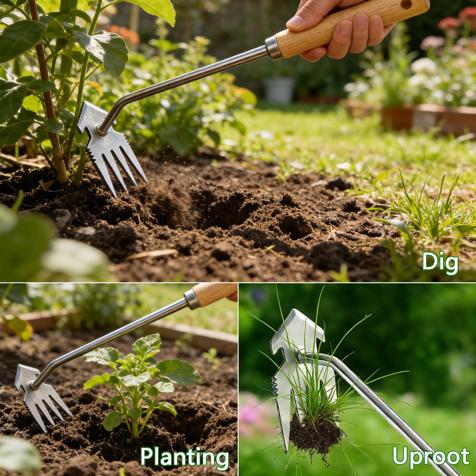 Doubleggs uprooting weeding tool in use on a garden path