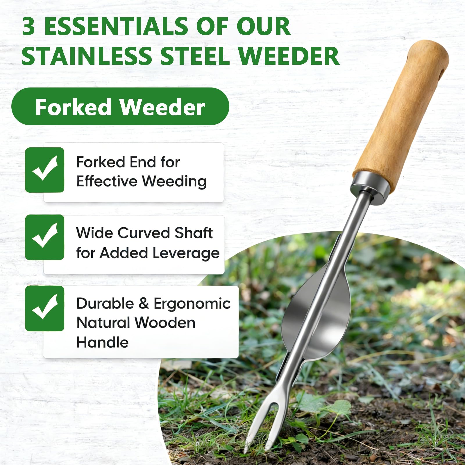 Doubleggs weed puller tool set displayed on a wooden table