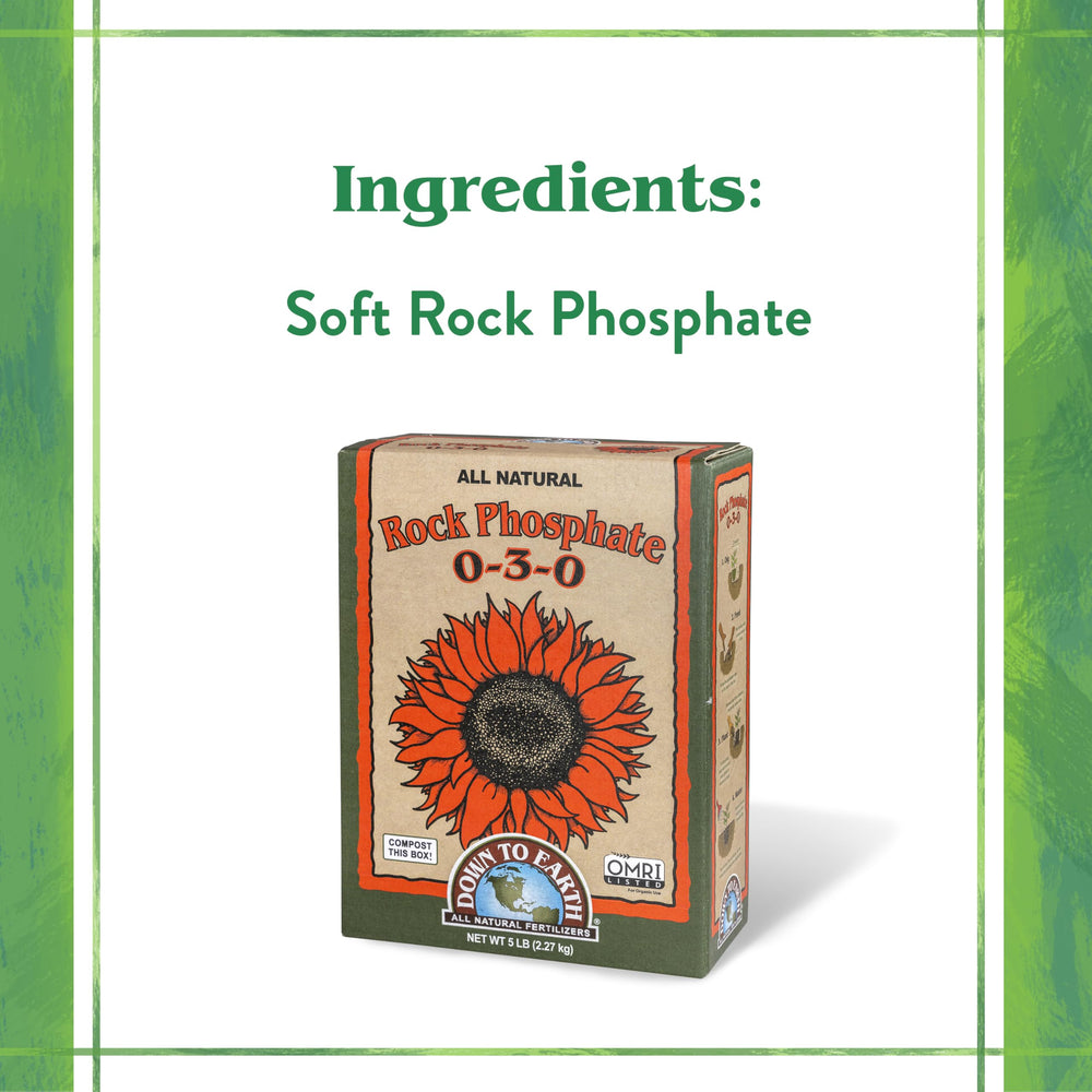 Down To Earth Organic Rock Phosphate 5 lb bag on a wooden table