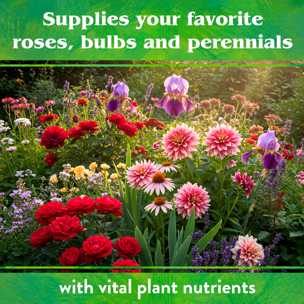 Down To Earth Organic Rose & Flower Fertilizer 1 lb box on garden table