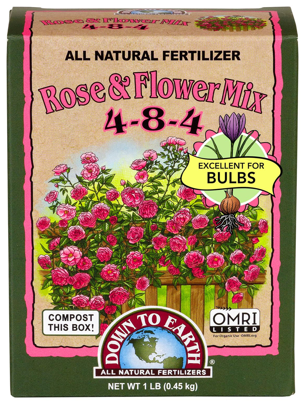 Down To Earth Organic Rose & Flower Fertilizer 1 lb mini box front view