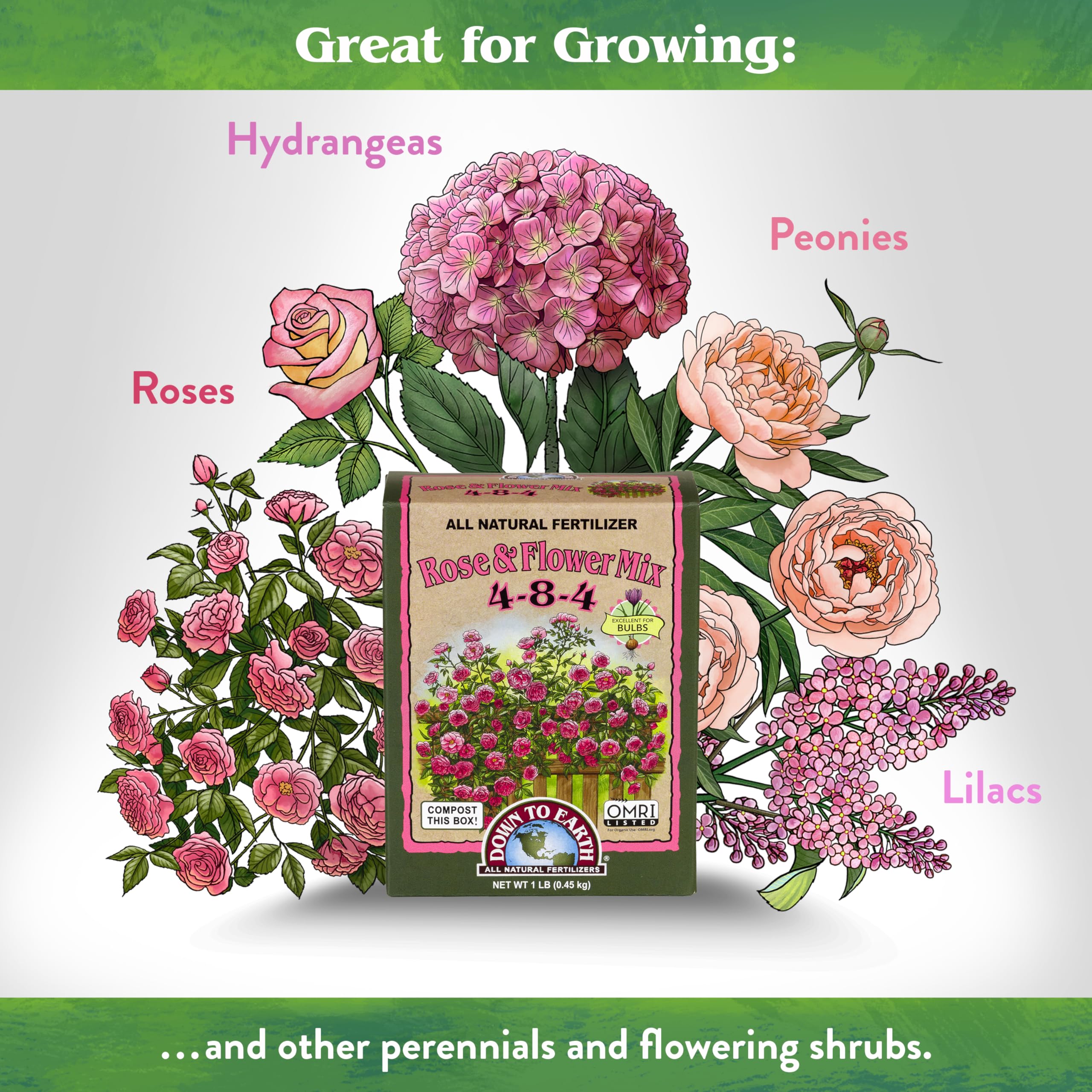 Down To Earth Organic Rose & Flower Fertilizer 1 lb mini box side view