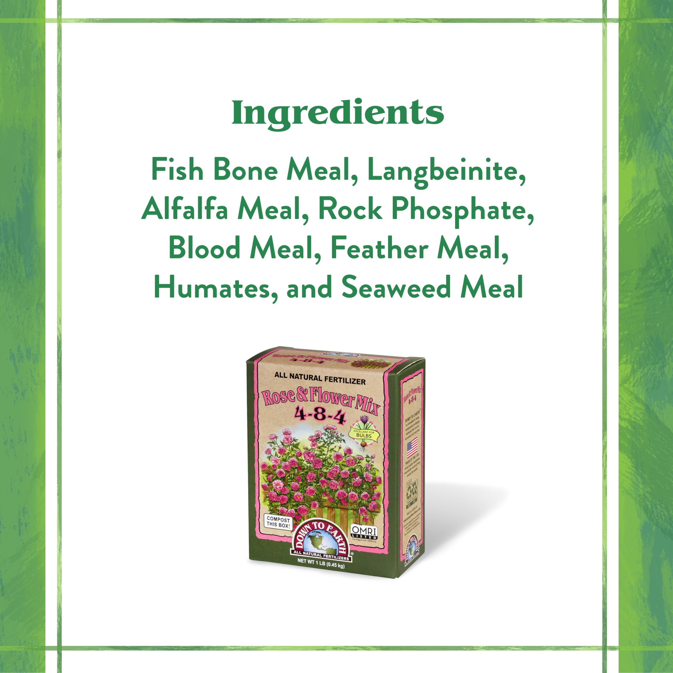 Down To Earth Organic Rose & Flower Fertilizer box with flowers in the background