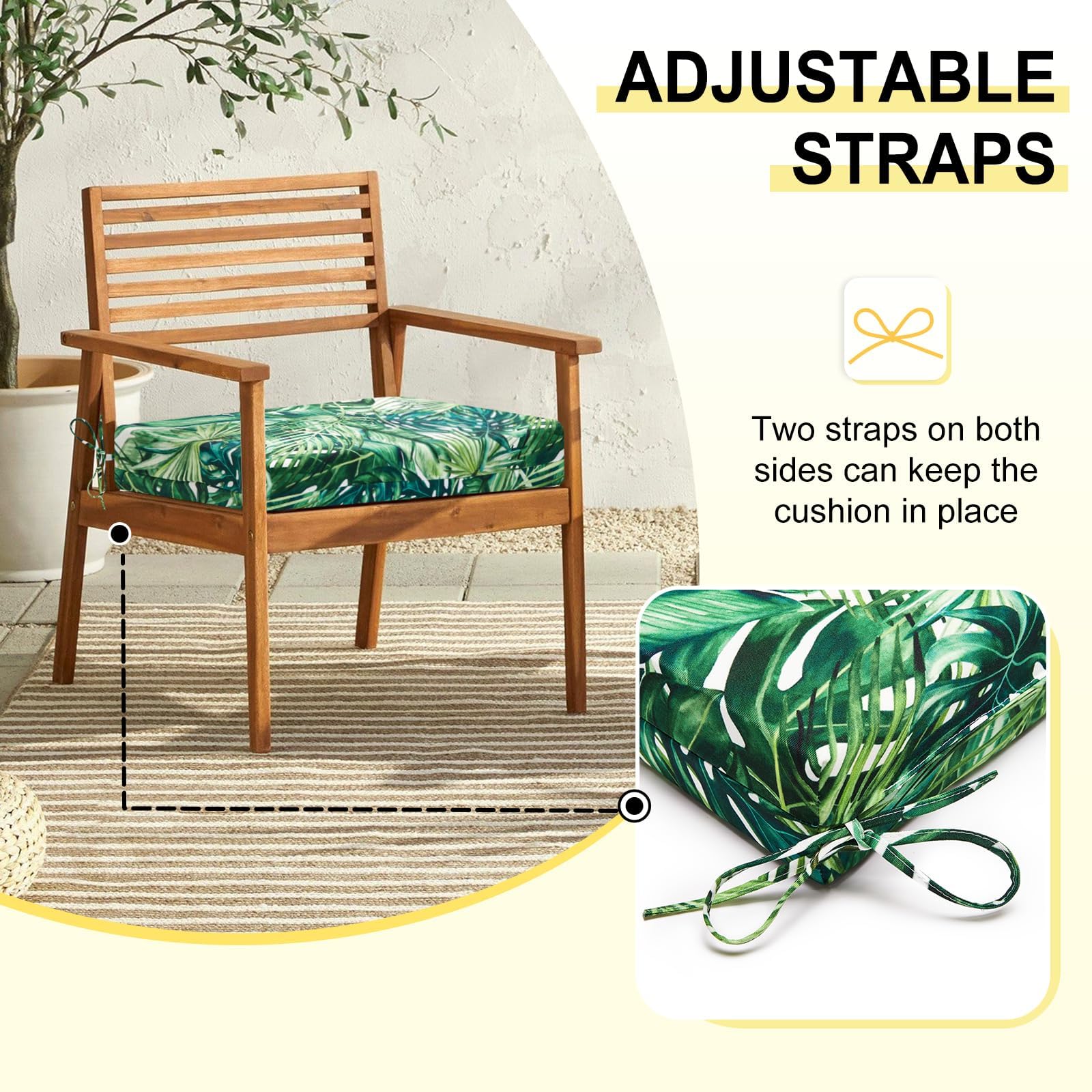 downluxe outdoor chair cushions in palm leaves pattern on a garden bench