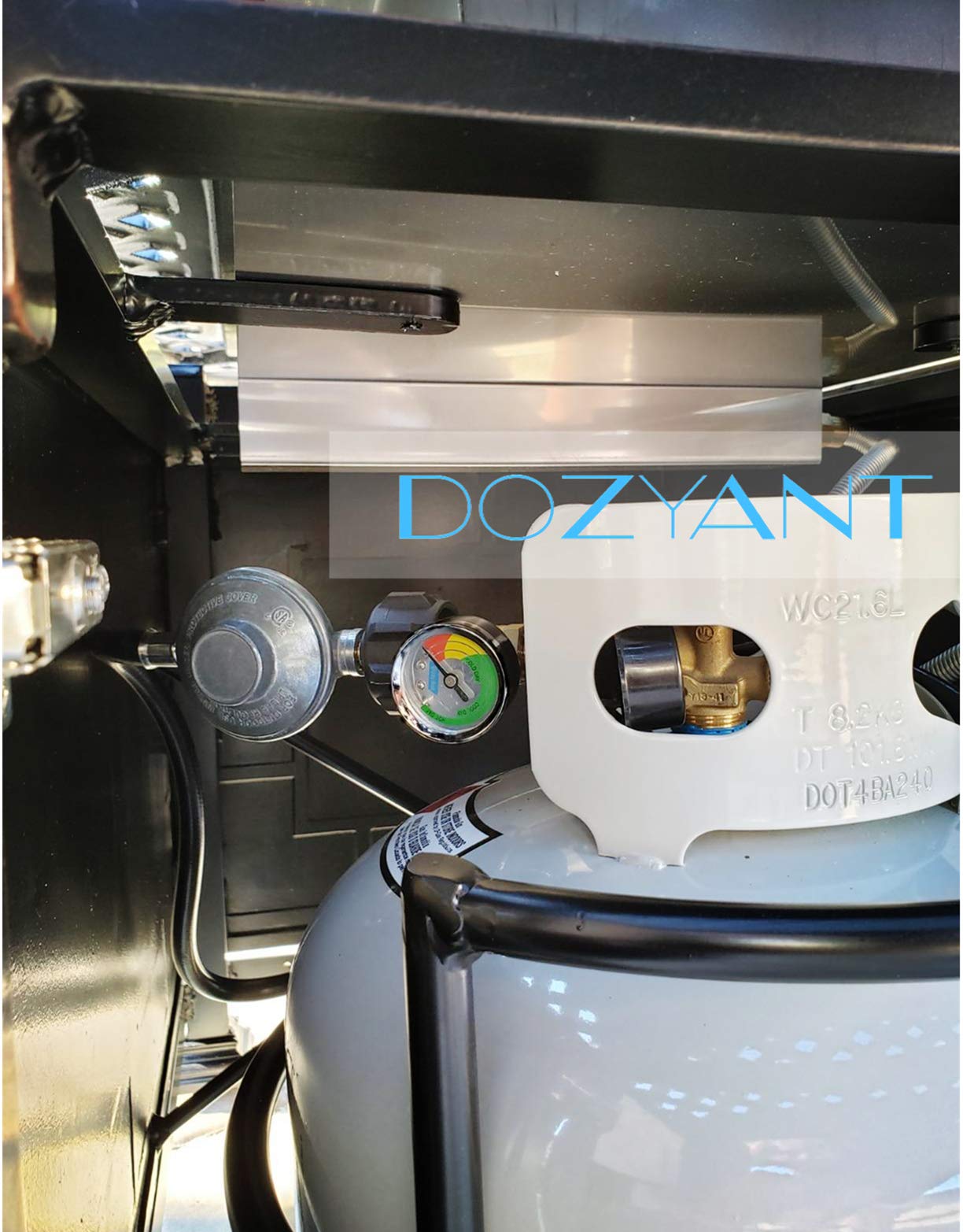 DOZYANT Propane Tank Gauge installation guide showing handheel grip