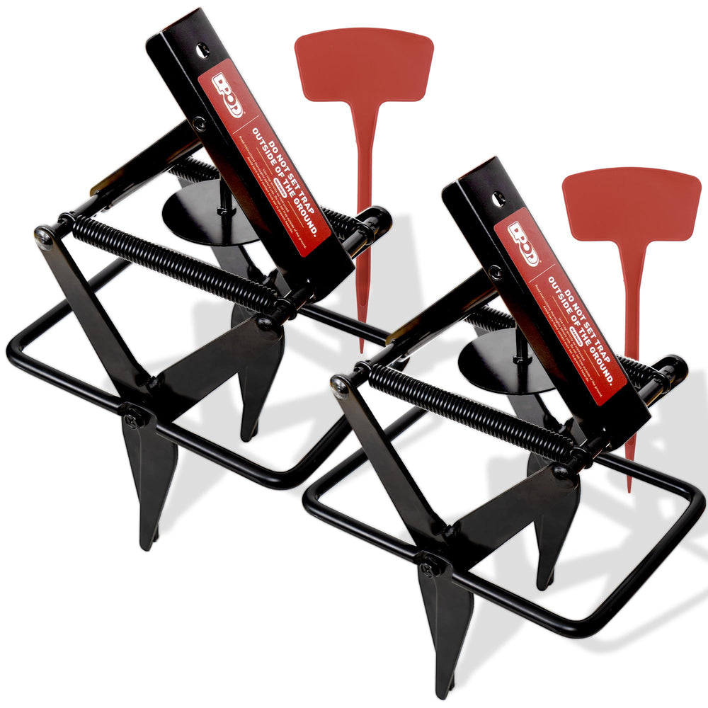 DPOD mole trap front view, black painted iron construction