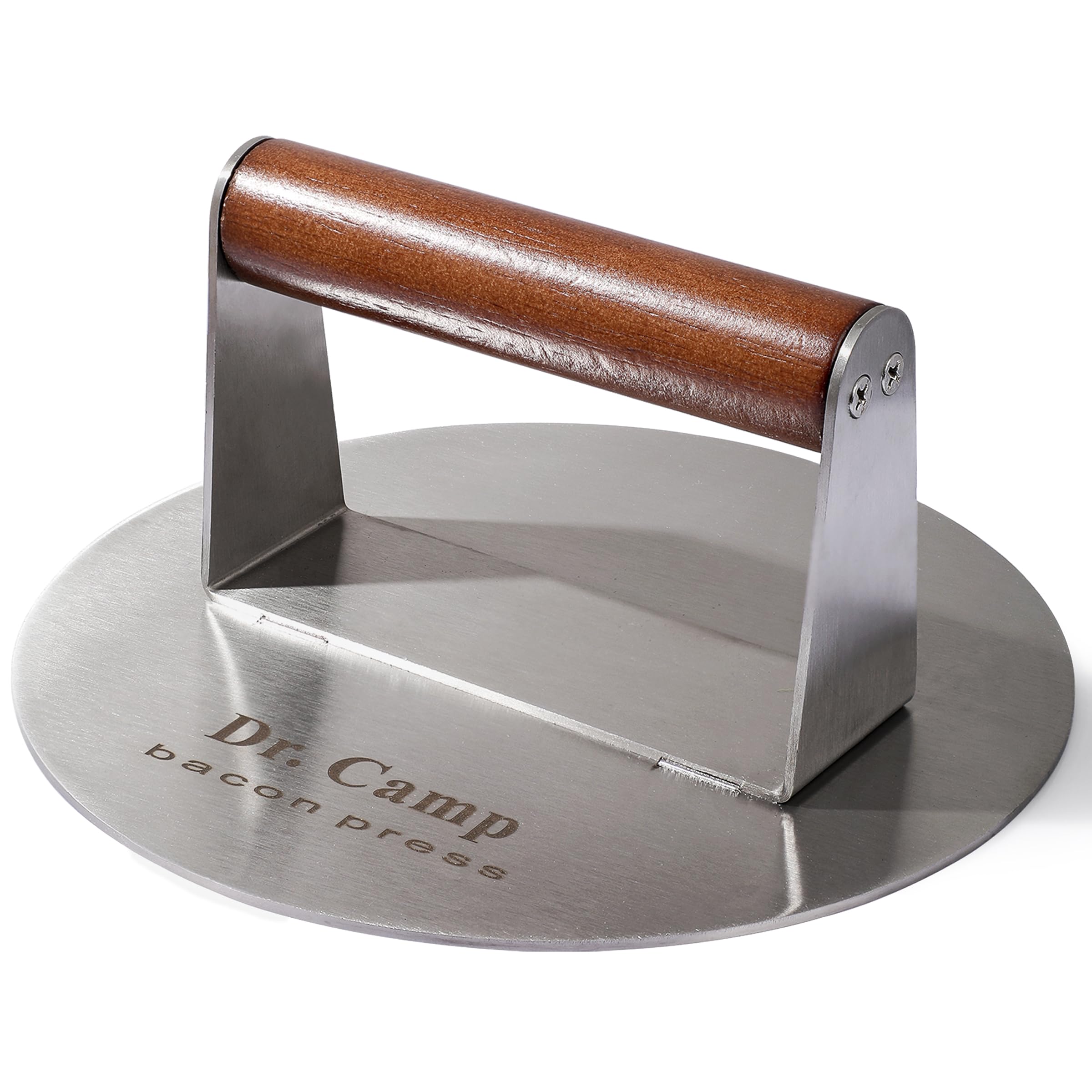 Dr.Camp 7 Inch Stainless Steel Burger Press with wood handle front view