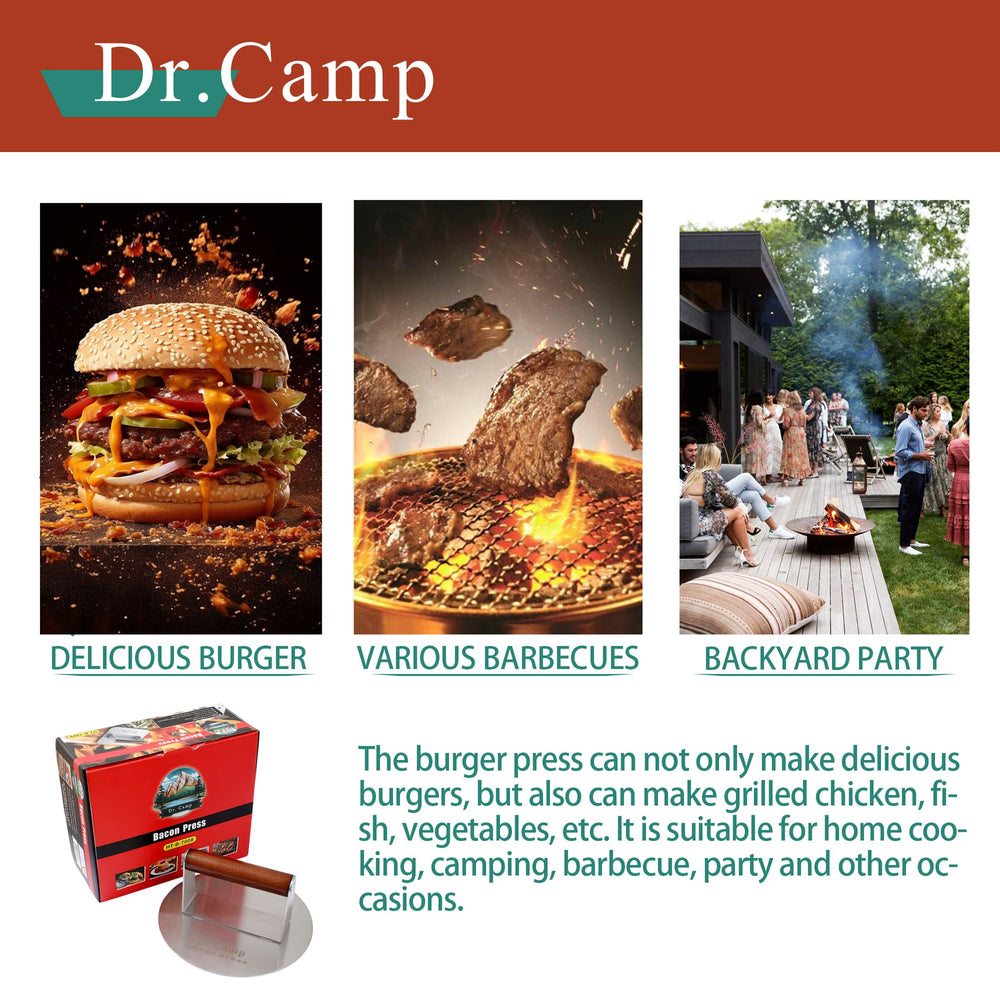 Dr.Camp burger press solid wood handle detail