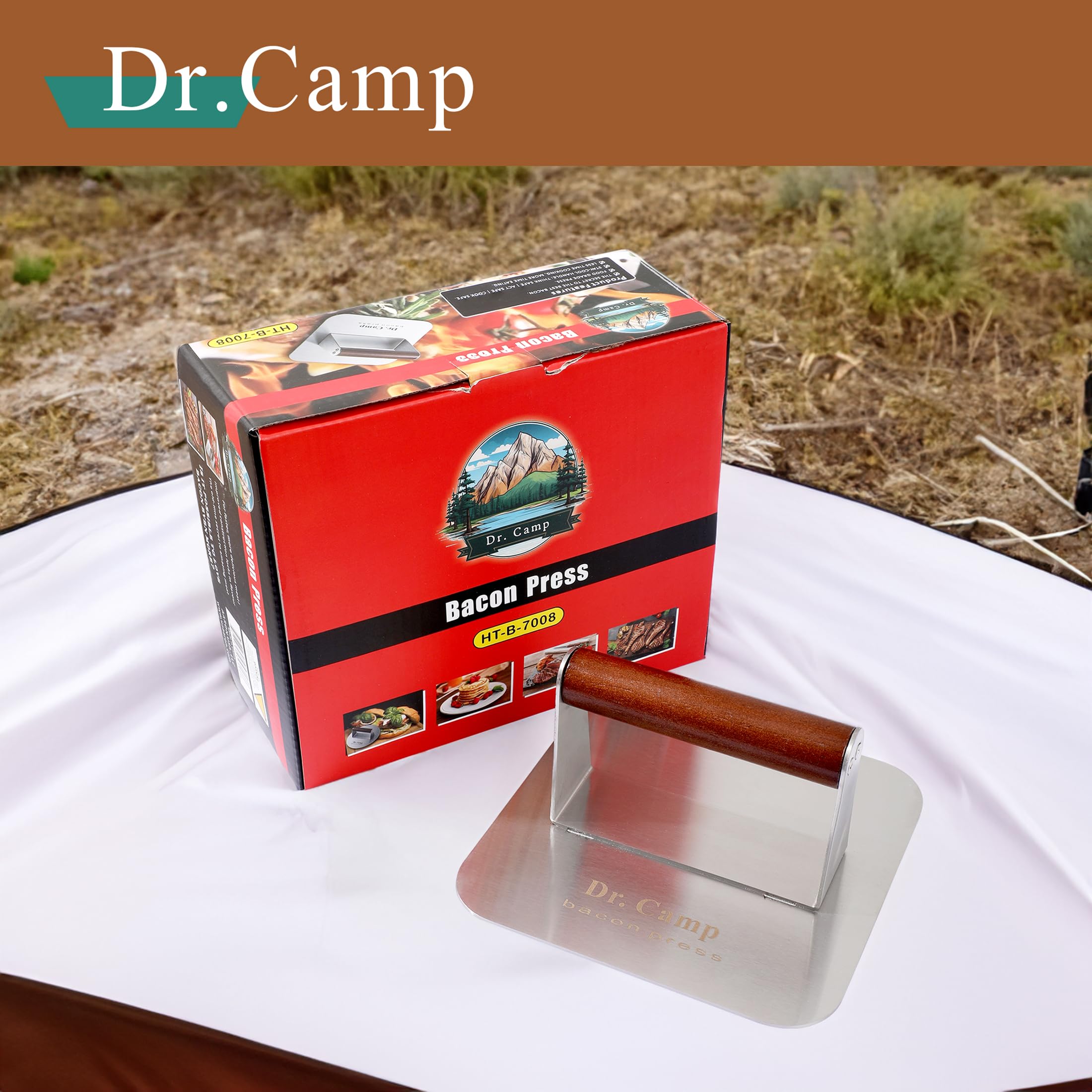 Dr.Camp burger press with bacon and burgers