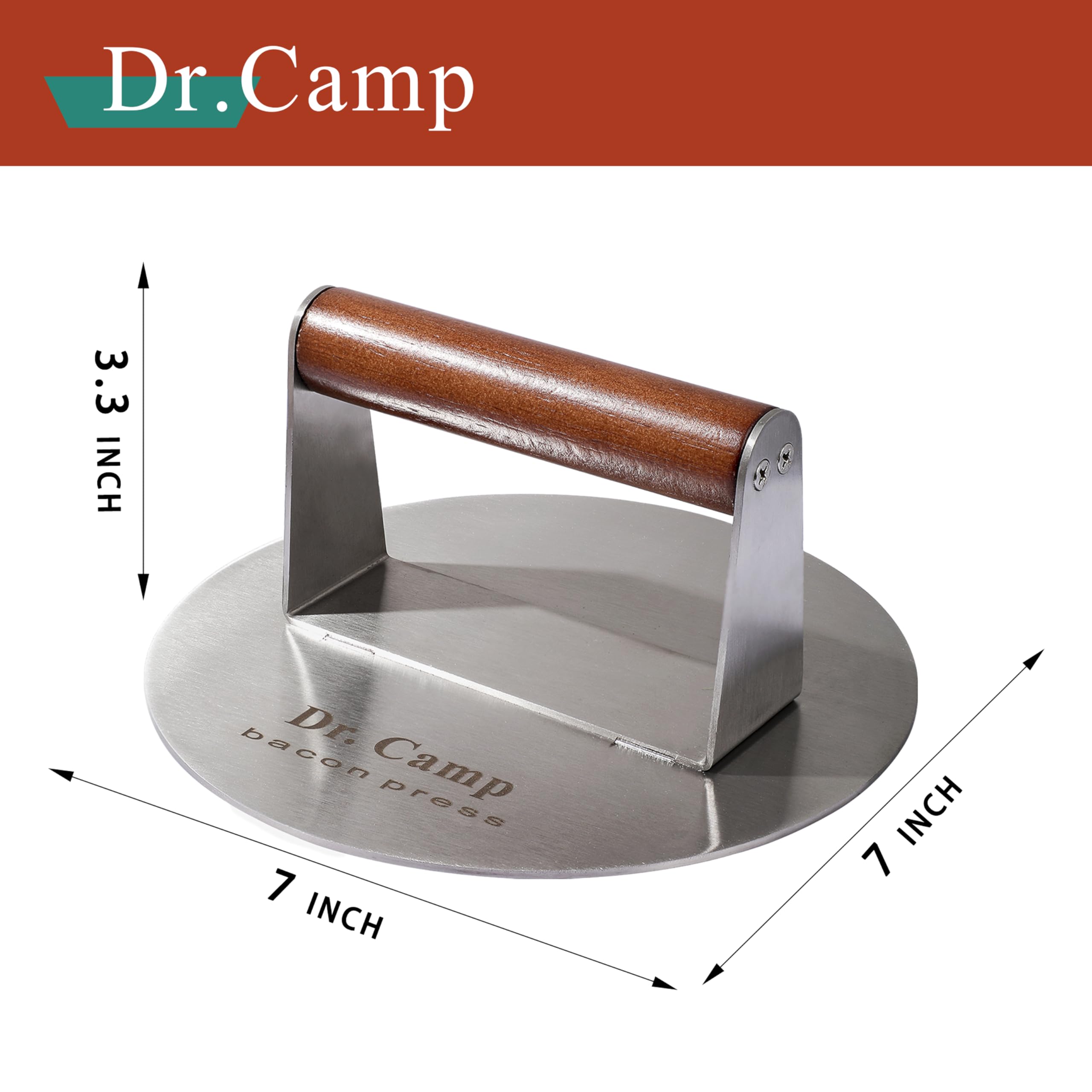 Dr.Camp burger press with bacon and burgers on grill