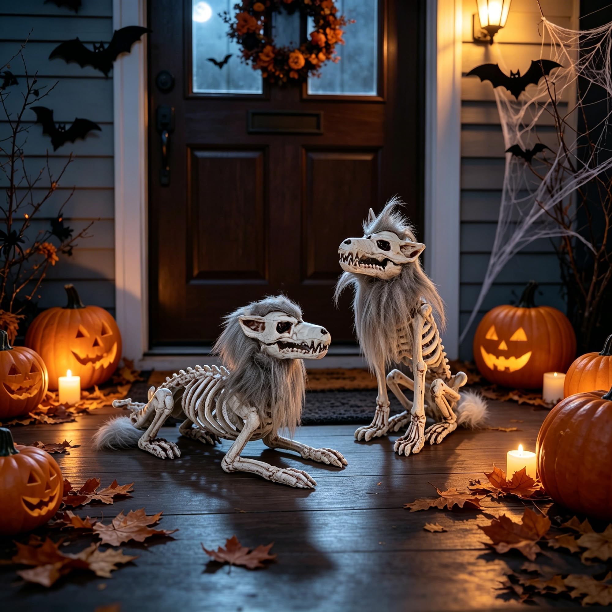 DR.DUDU Halloween Skeleton Wolves in a spooky outdoor setting