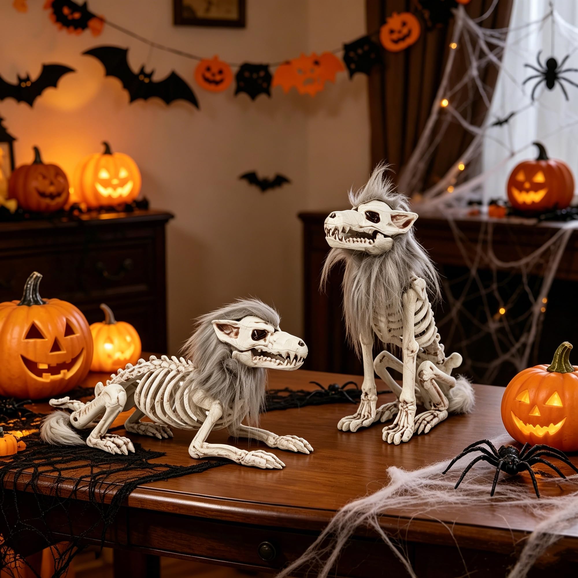 DR.DUDU Halloween Skeleton Wolves on display in a garden