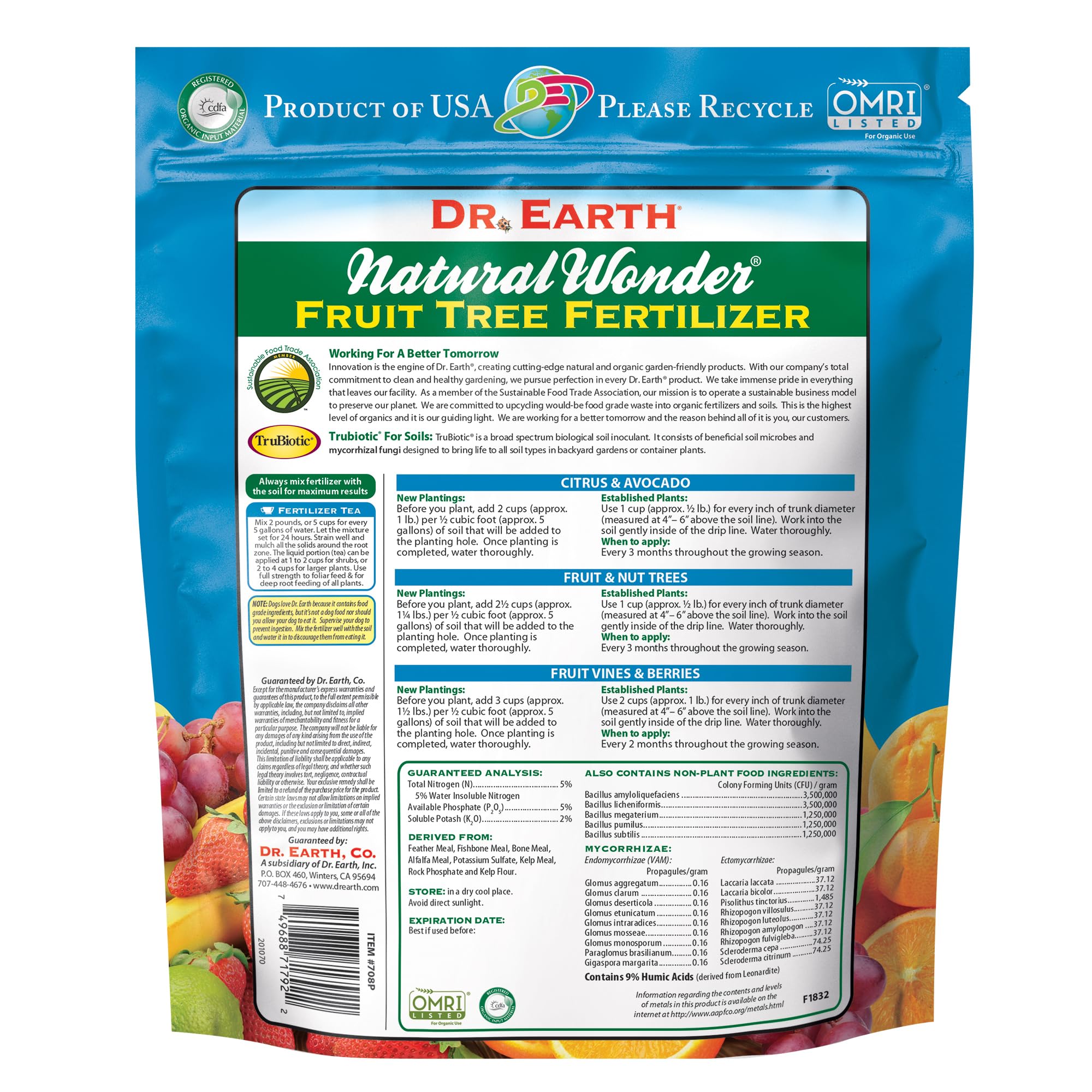 Dr. Earth Organic Fruit Tree Fertilizer packaging and granules