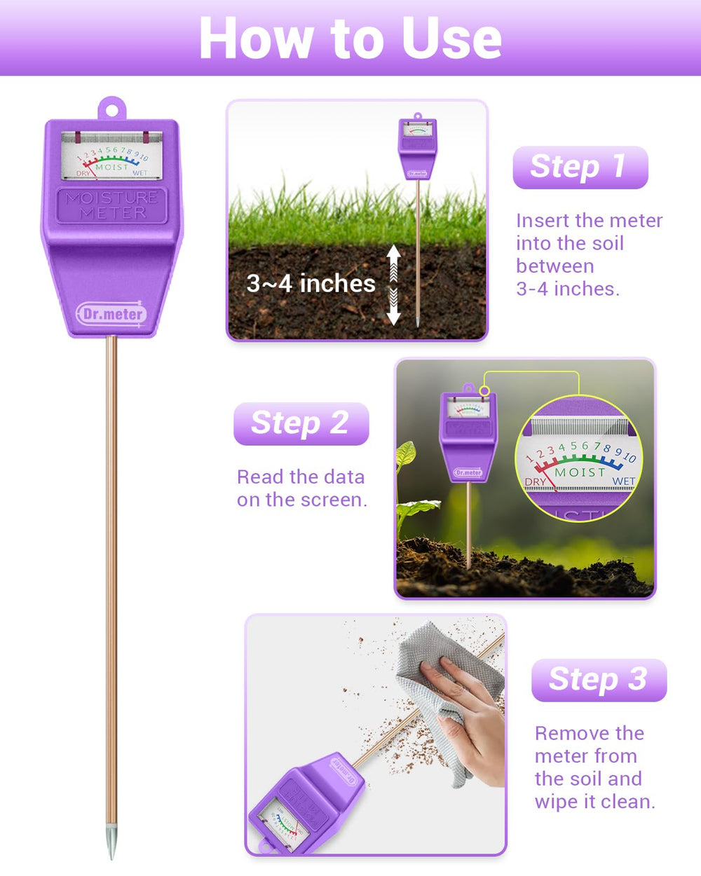 Dr.meter Soil Moisture Meter with reading scale visible