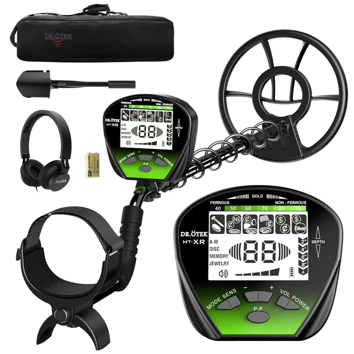 DR.ÖTEK Metal Detector with 10" coil front view