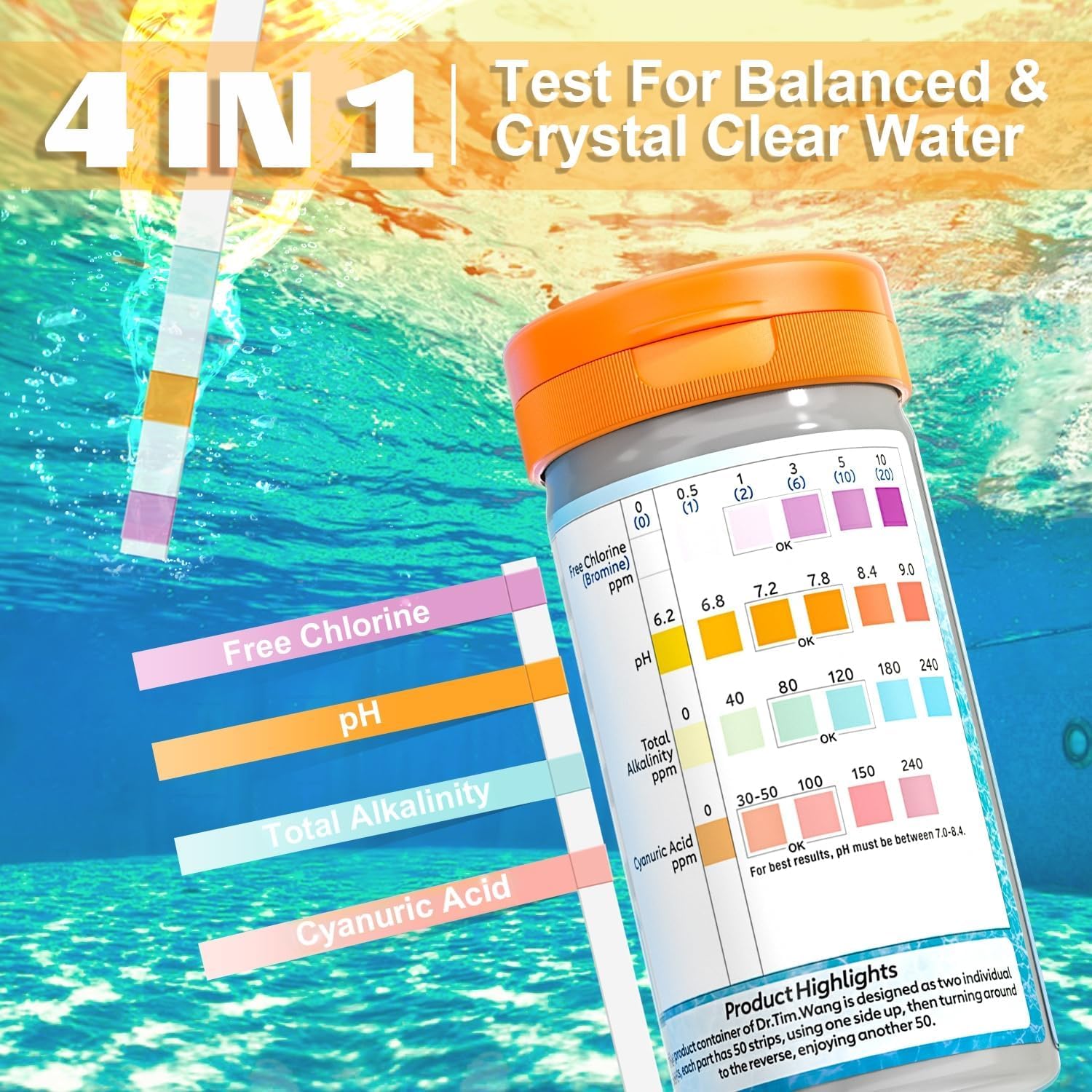 Dr.Tim.Wang 4 in 1 Pool Test Strips color chart