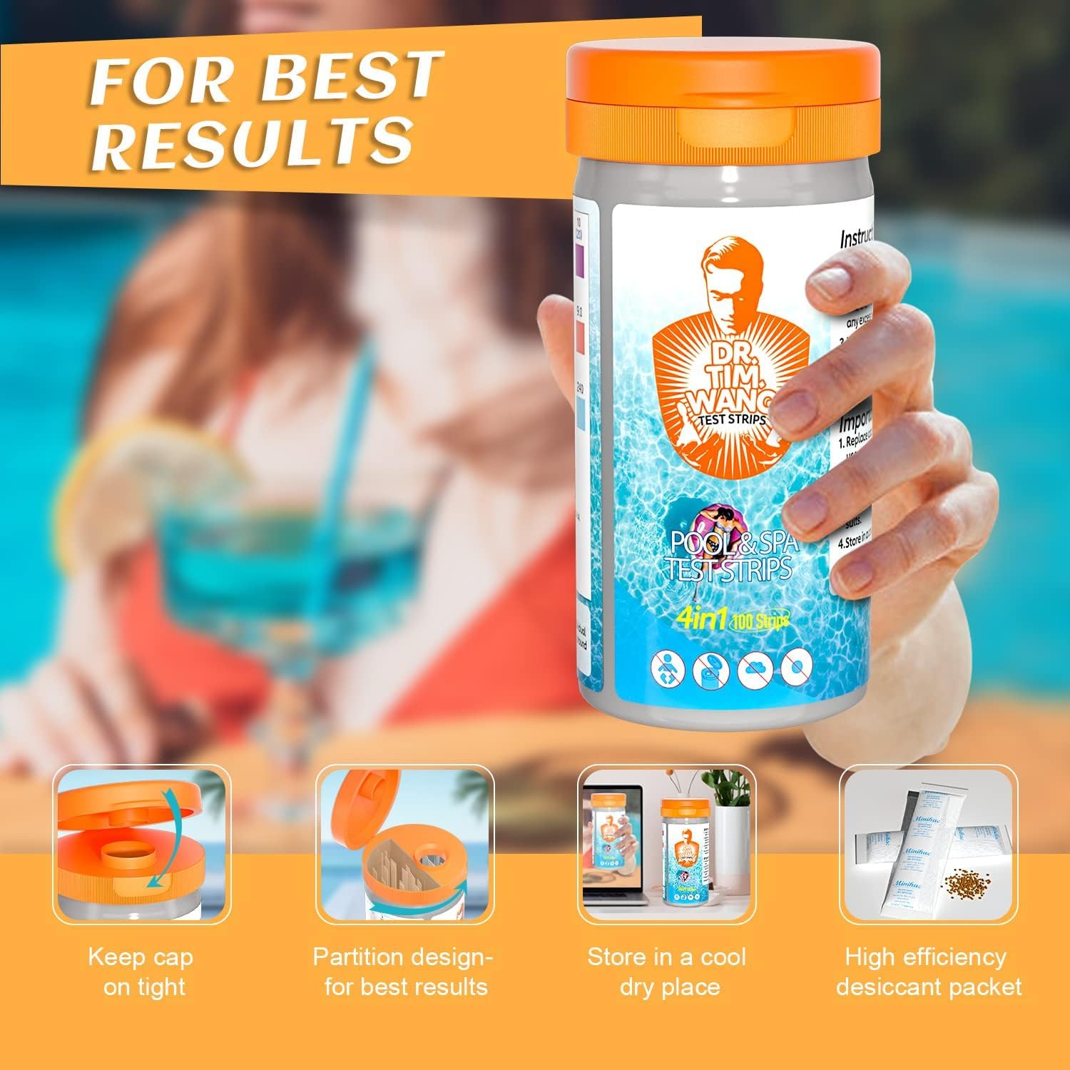Dr.Tim.Wang 4 in 1 Pool Test Strips packaging details