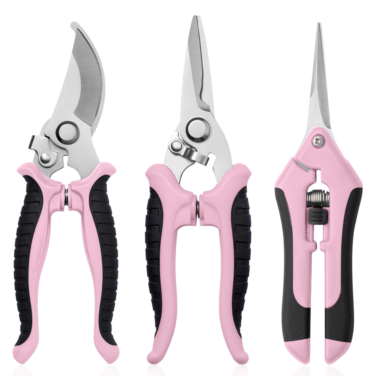 Drametic+ 3 Pack Garden Pruning Shears in pink and black, front view
