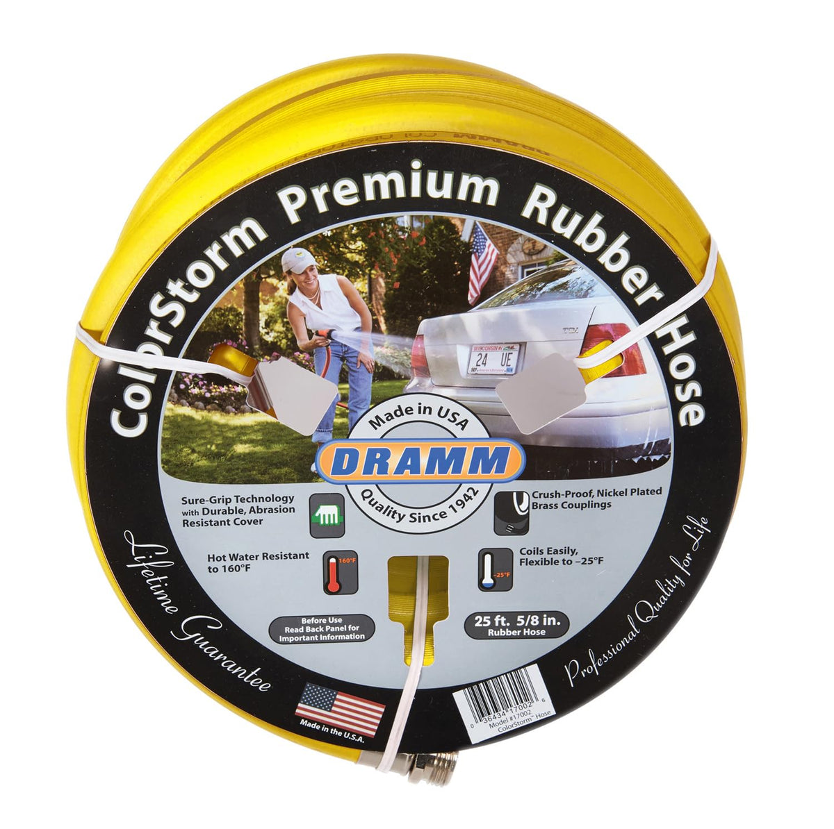 Dramm ColorStorm 50 ft yellow rubber garden hose front view