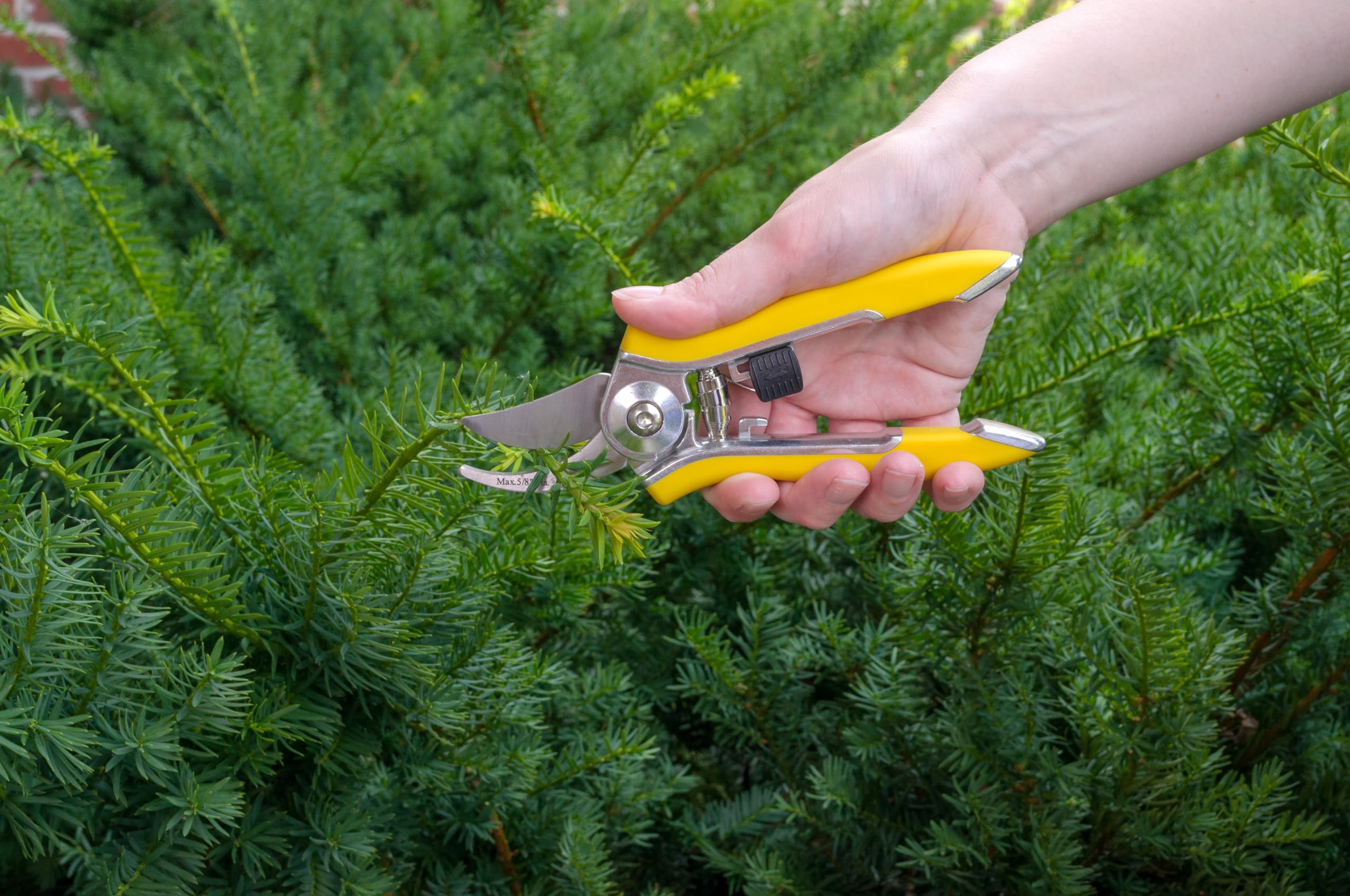 Dramm Compact Garden Pruning Shears with vibrant orange colour against a green backdrop