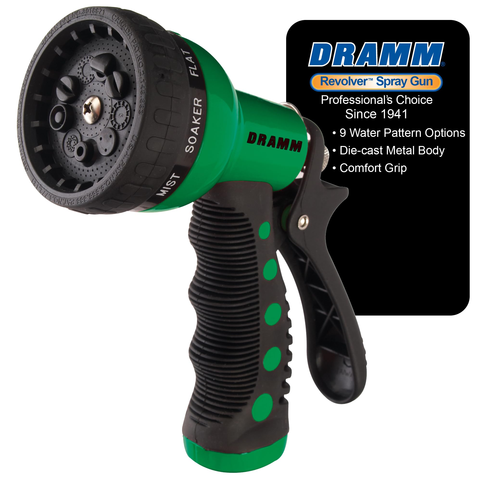 Dramm Revolver Heavy Duty Metal Garden Hose Nozzle front view, green