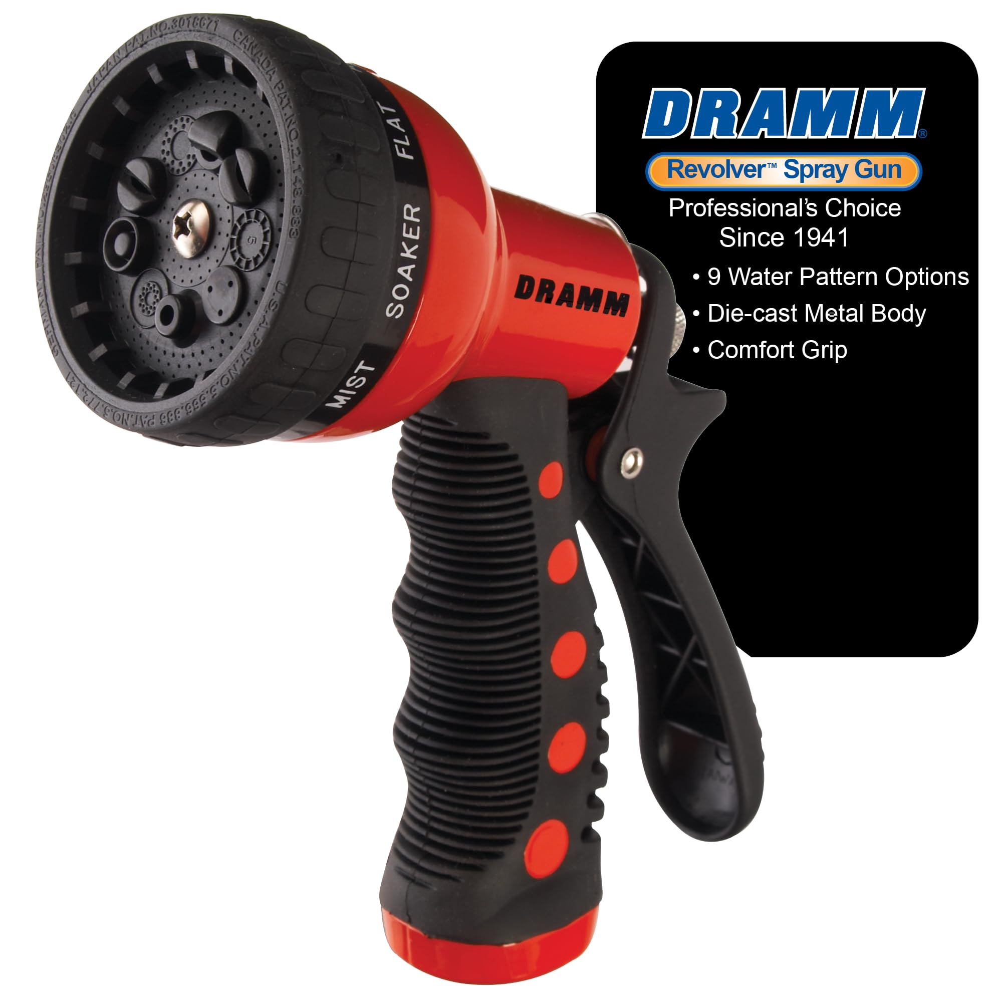Dramm Revolver Heavy Duty Metal Garden Hose Nozzle front view, red
