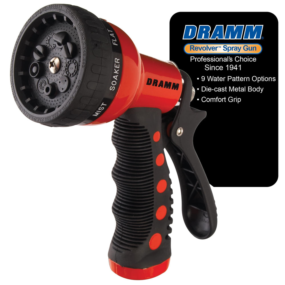 Dramm Revolver Heavy Duty Metal Garden Hose Nozzle front view, red