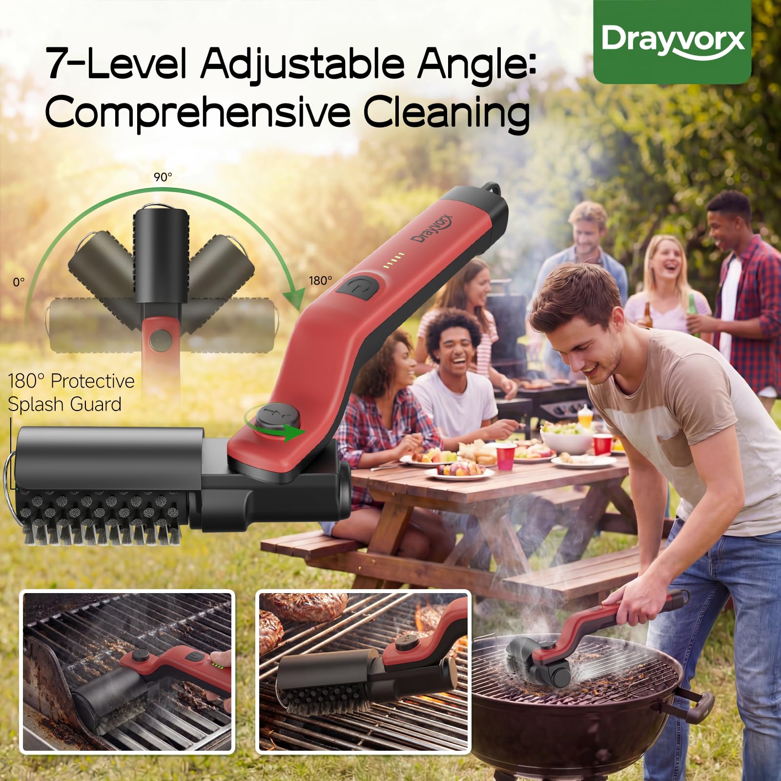 Drayvorx Electric Grill Brush in action on a grill