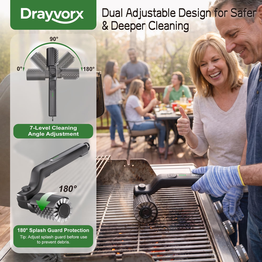 drayvorx Electric Grill Brush in use on warm grill grates