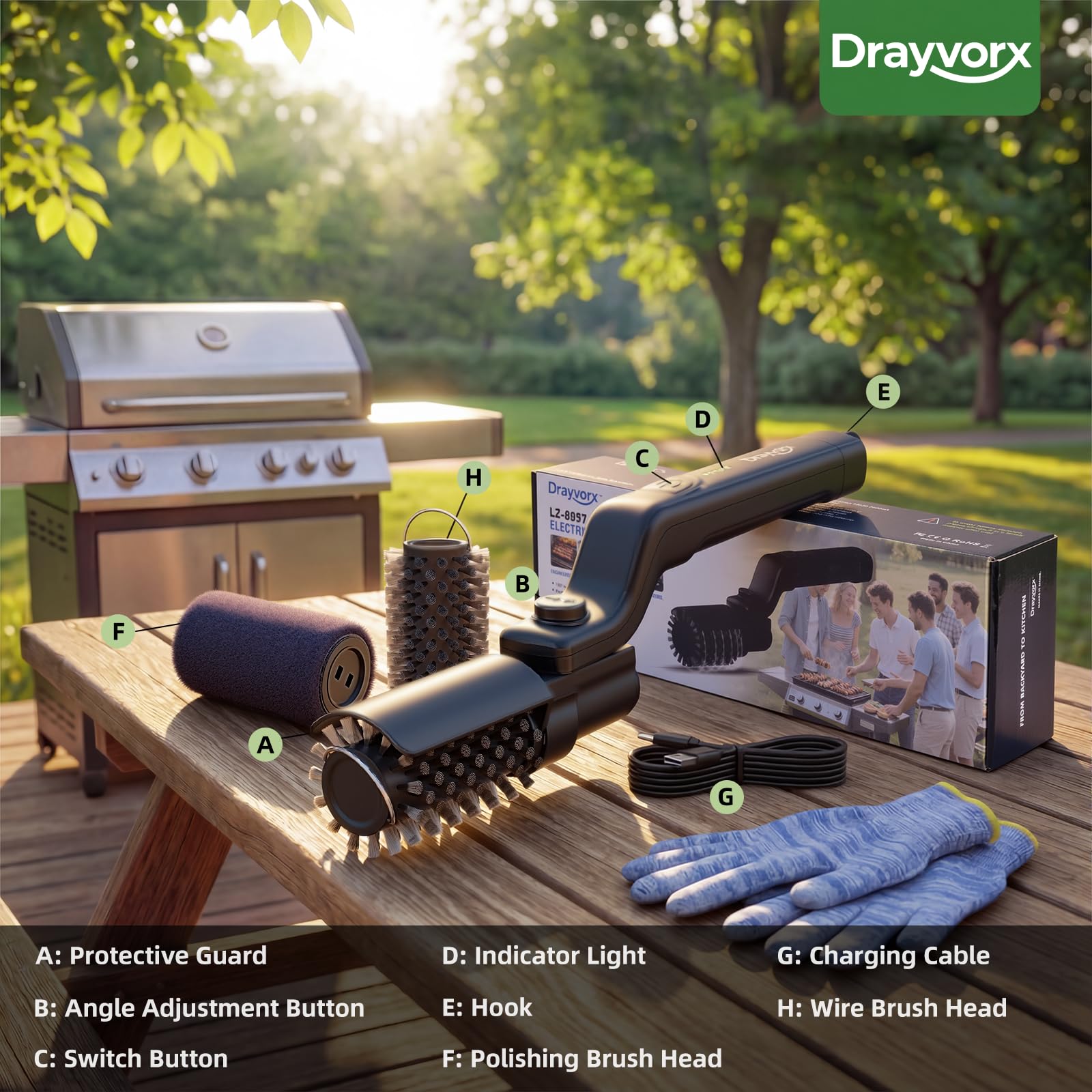 drayvorx Electric Grill Brush packaging and specifications