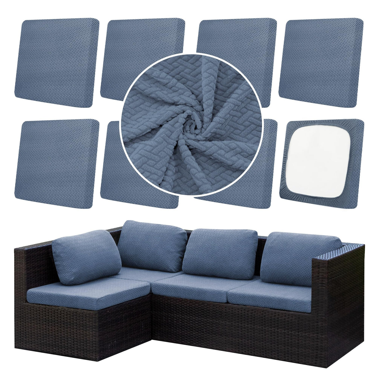 DREAHOTEXTIL 8Pcs Outdoor Cushion Covers in Grey Blue, front view