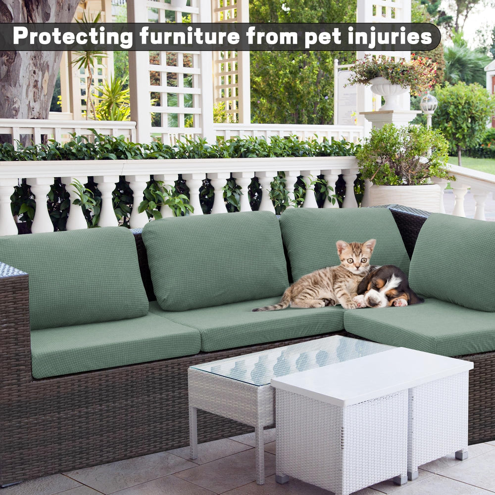 DREAHOTEXTIL cushion covers displayed on patio furniture