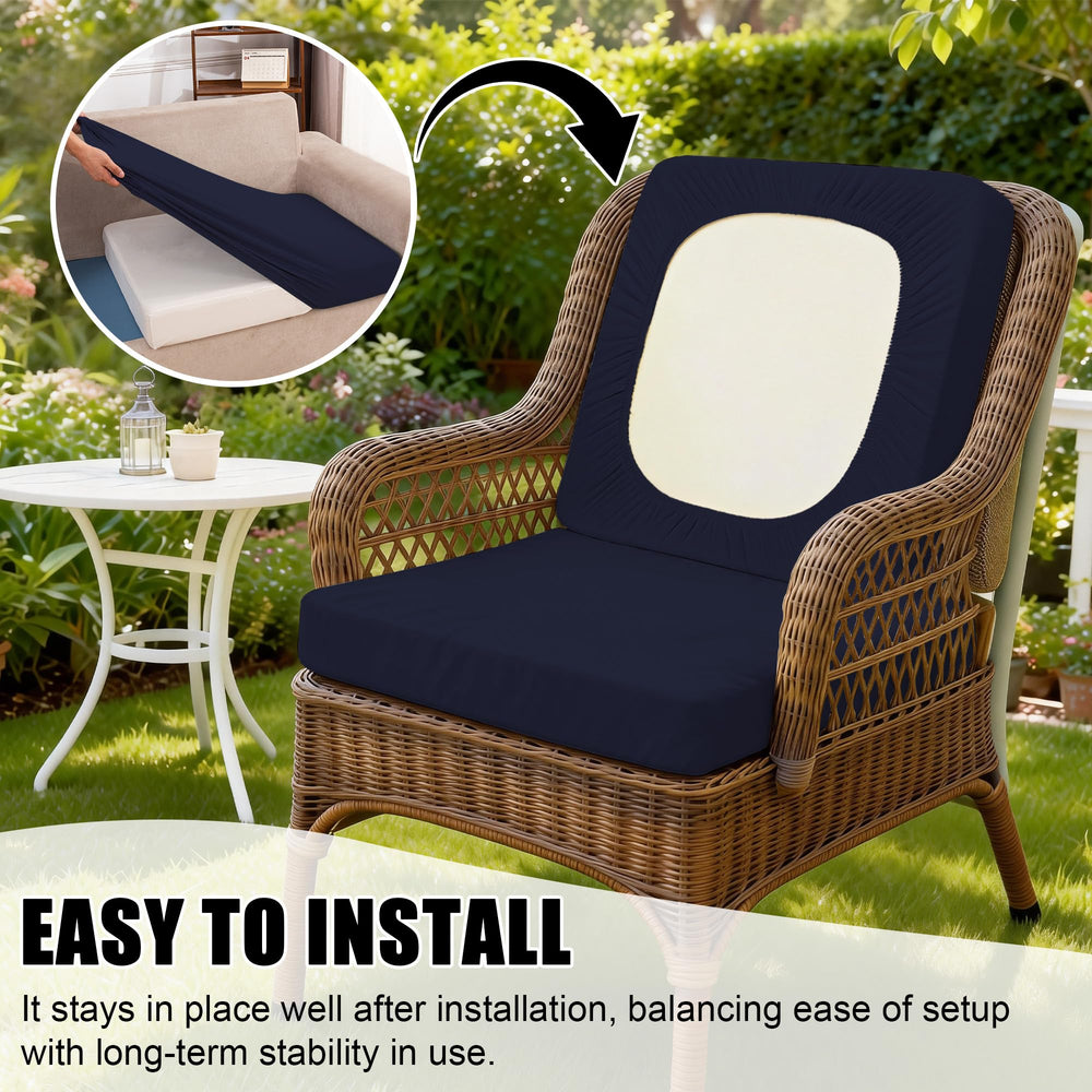 DREAHOTEXTIL navy blue cushion cover on a garden bench
