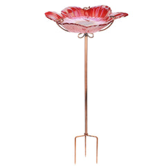 DREAM GARDEN 26-inch Glass Bird Bath with red floral design