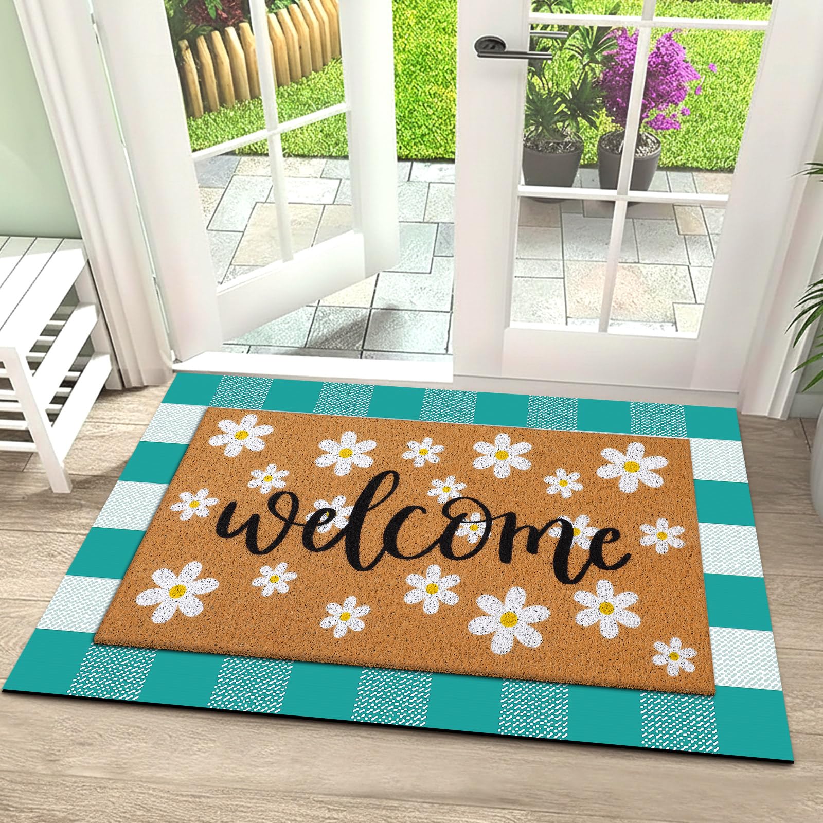 Drydiet doormat close-up showcasing blue plaid design