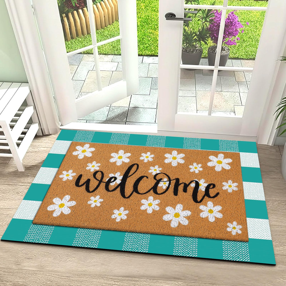 Drydiet doormat close-up showcasing blue plaid design