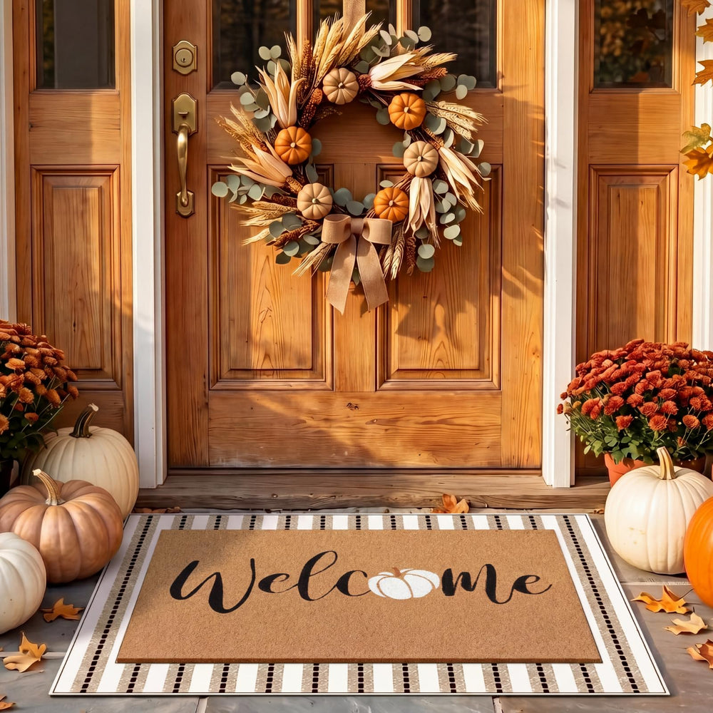Drydiet Fall Layered Doormat Set, beige striped bottom rug and pumpkin welcome mat