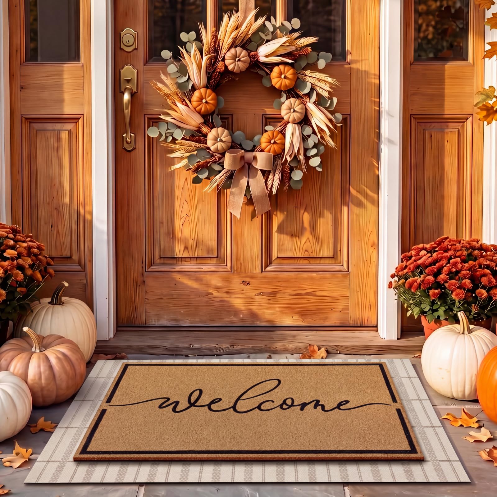 Drydiet Fall Welcome Layered Doormats Khaki set front view