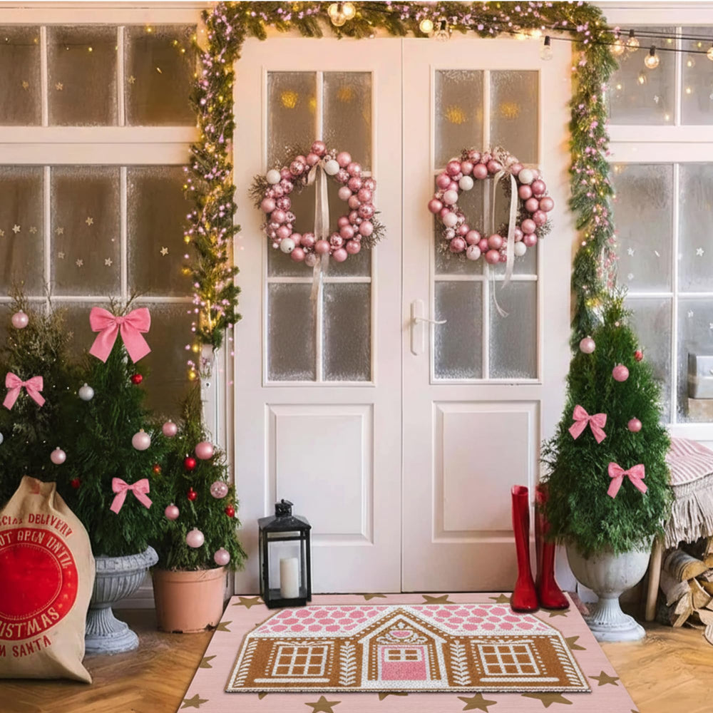 Drydiet Gingerbread Front Door Mat set laid out on a porch