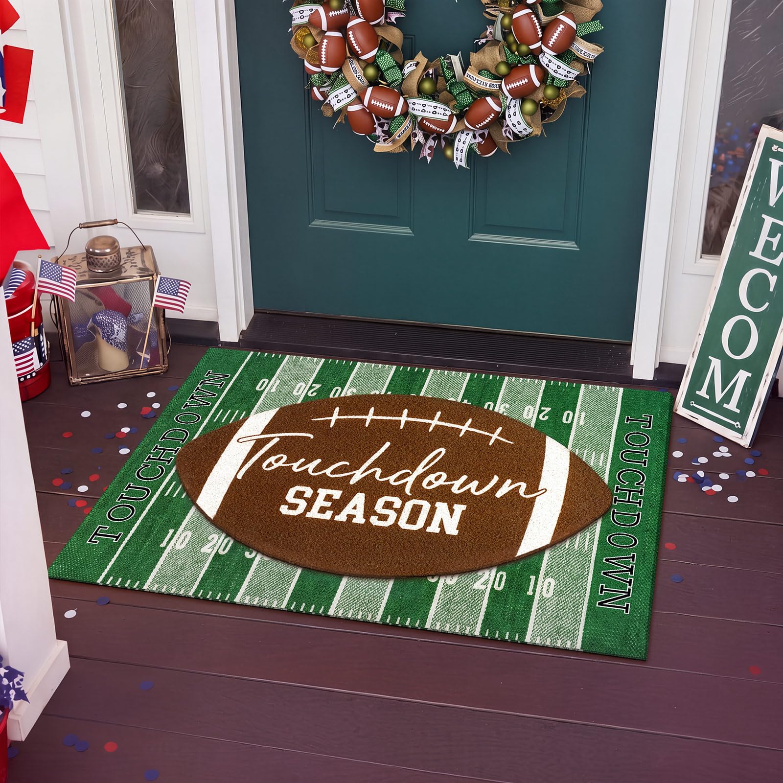 Drydiet green football field fabric rug displayed outdoors